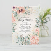 ピンクフローラ葉金ゴールドグリッターベビーシャワー 招待状 (スタンド正面)