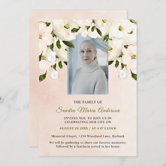 ピンクフローラ葬写真お祝いライフ招待状 サンキューカード (正面/裏面)