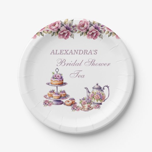 ピンクフローラ薄紫ティーパーティーブライダルシャワー ペーパープレート (正面)