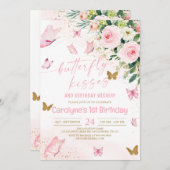 ピンクフローラ蝶キスと誕生日の願い 招待状 (正面/裏面)