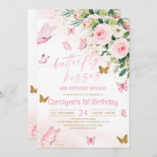 ピンクフローラ蝶キスと誕生日の願い 招待状 (正面/裏面)