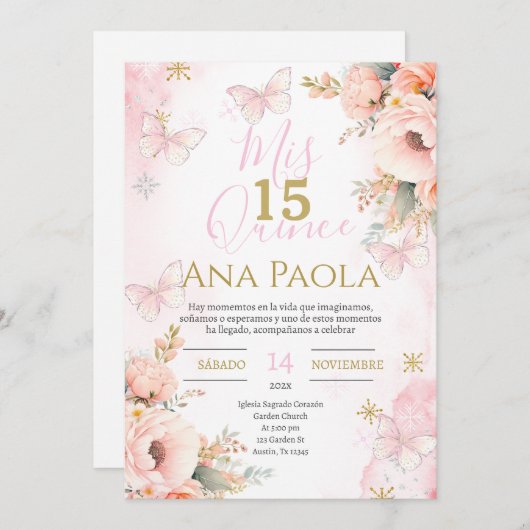 ピンクフローラ蝶キンセアニラ 招待状 (正面/裏面)