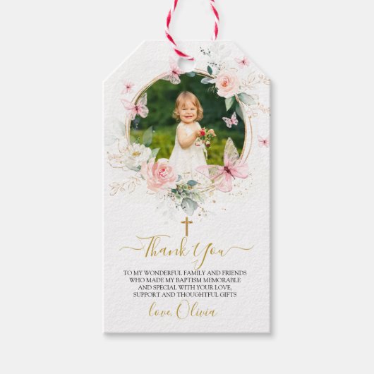 ピンクフローラ蝶バプテスマ ギフトタグ (正面)