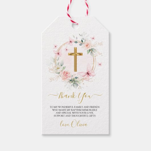 ピンクフローラ蝶バプテスマ ギフトタグ (正面)