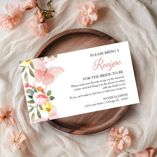 ピンクフローラ蝶ブライダルシャワーレシピ要求 エンクロージャーカード