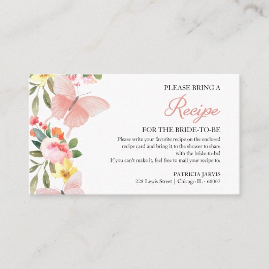 ピンクフローラ蝶ブライダルシャワーレシピ要求 エンクロージャーカード (正面)