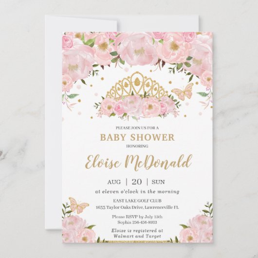 ピンクフローラ蝶プリンセスティアラベビーシャワー 招待状 (正面)