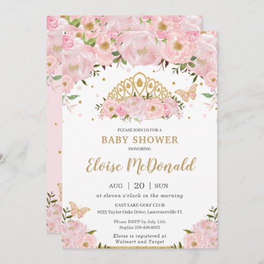 ピンクフローラ蝶プリンセスティアラベビーシャワー 招待状 (正面/裏面)