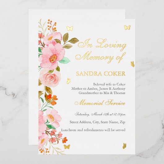 ピンクフローラ蝶メモリアル 箔招待状 (正面/裏面)