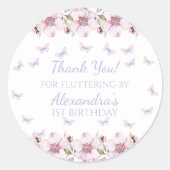 ピンクフローラ蝶1st誕生日ありがとう ラウンドシール (正面)