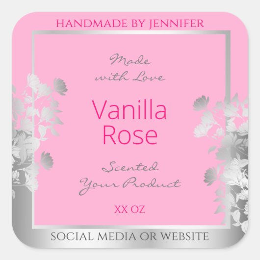 ピンクフローラ製品包装ラベルシルバーフレーム スクエアシール (正面)