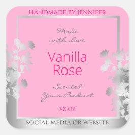 ピンクフローラ製品包装ラベルシルバーフレーム スクエアシール