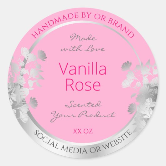 ピンクフローラ製品包装ラベルシルバーフレーム ラウンドシール (正面)