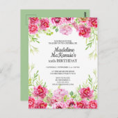 ピンクフローラ誕生日パーティーの招待 ポストカード (正面/裏面)