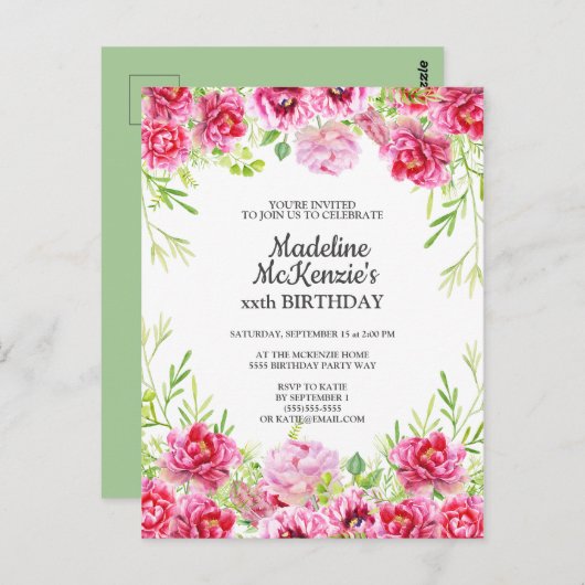 ピンクフローラ誕生日パーティーの招待 ポストカード (正面/裏面)
