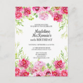 ピンクフローラ誕生日パーティーの招待 ポストカード (正面)