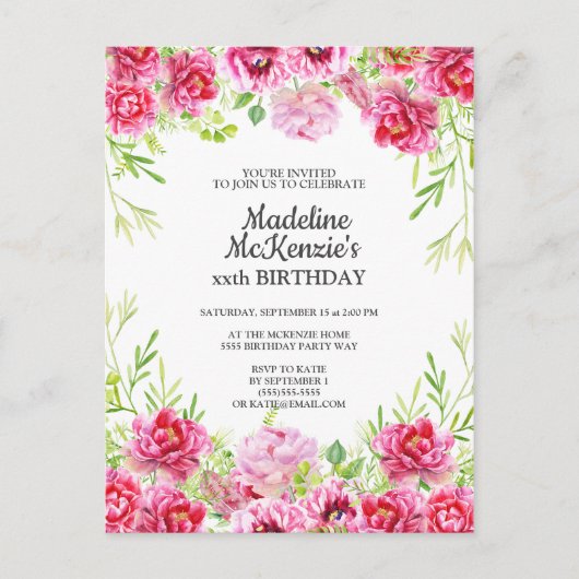ピンクフローラ誕生日パーティーの招待 ポストカード (正面)
