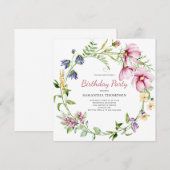 ピンクフローラ誕生日招待状 招待状 (正面/裏面)