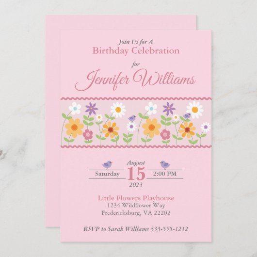 ピンクフローラ誕生日招待状 招待状 (正面/裏面)