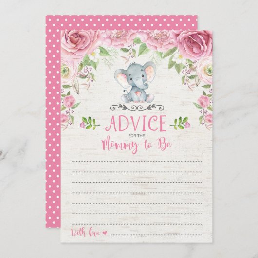 ピンクフローラ象アドバイスカード赤ちゃんシャワーゲーム アドバイスカード (正面/裏面)