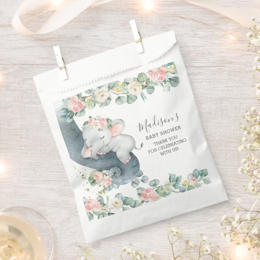 ピンクフローラ象ガールベビーシャワー誕生日 フェイバーバッグ (クリップ留めされた状態)