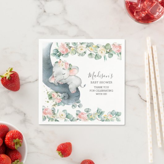 ピンクフローラ象ガールベビーシャワー誕生日Na スタンダードカクテルナプキン (インサイチュ)