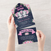 ピンクフローラ象ツインガールズネイビーベビーシャワー オールインワン招待状 (貼ってはがせる)