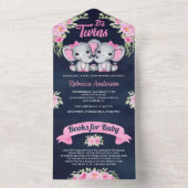 ピンクフローラ象ツインガールズネイビーベビーシャワー オールインワン招待状 (内側)