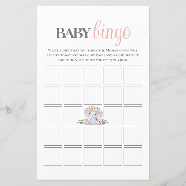 ピンクフローラ象ビンゴベビシャワーゲーム (正面)