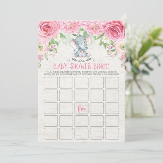 ピンクフローラ象ビンゴベビーシャワーゲームカード 招待状 (スタンド正面)