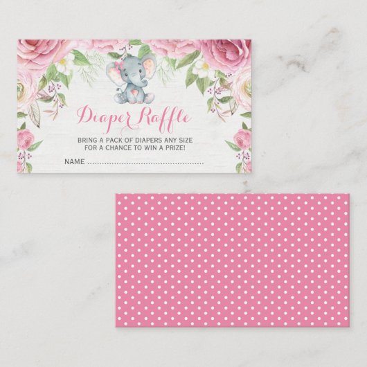 ピンクフローラ象ベビーおむつラッフルチケット エンクロージャーカード (正面/裏面)