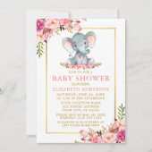 ピンクフローラ象ベビーシャワー金ゴールドフレーム 招待状 (正面)