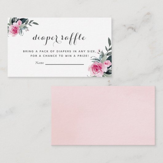 ピンクフローラ赤ちゃんシャワーおむつラッフルカード エンクロージャーカード (正面/裏面)