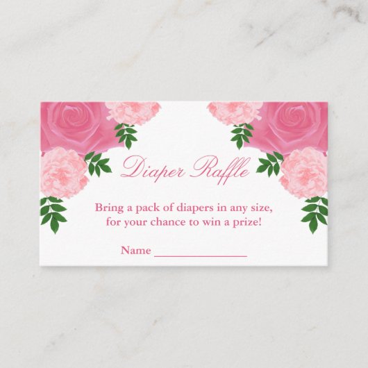 ピンクフローラ赤ちゃんシャワーおむつラッフル エンクロージャーカード (正面)