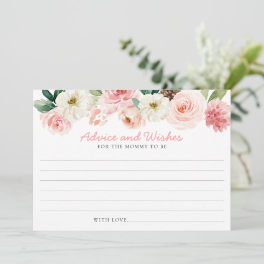 ピンクフローラ赤ちゃんシャワーアドバイスとウィッシュズカード 招待状 (スタンド正面)