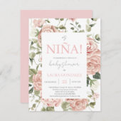 ピンクフローラ赤ちゃんシャワーガールスペインの 招待状 (正面/裏面)