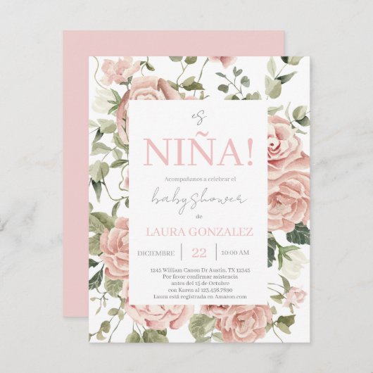ピンクフローラ赤ちゃんシャワーガールスペインの 招待状 (正面/裏面)