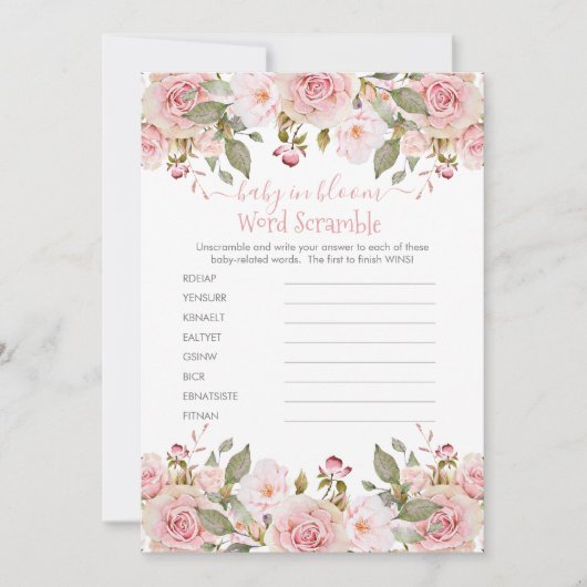 ピンクフローラ赤ちゃんシャワーワードスクランブルゲームカード 招待状 (正面)
