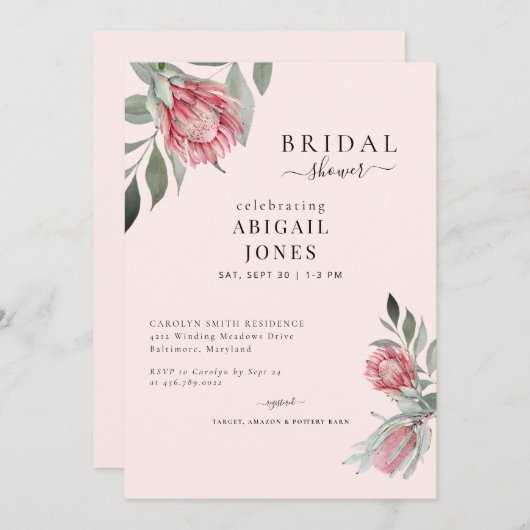 ピンクフローラ赤面ブライダルシャワー 招待状 (正面/裏面)