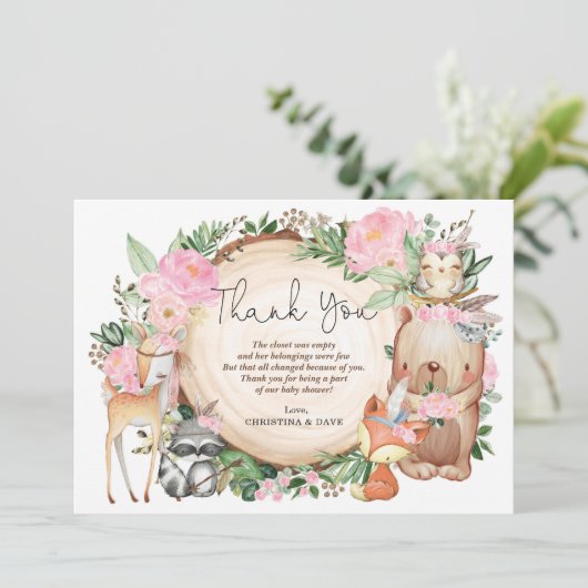 ピンクフローラ部族の森のベビーシャワーありがとう サンキューカード (スタンド正面)
