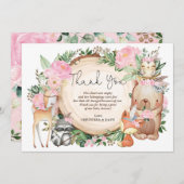 ピンクフローラ部族の森のベビーシャワーありがとう サンキューカード (正面/裏面)