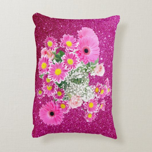ピンクフローラ配置暗い赤紫色フェイクグリッター アクセントクッション (裏面(縦))