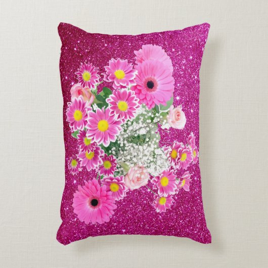 ピンクフローラ配置暗い赤紫色フェイクグリッター アクセントクッション (正面(垂直))