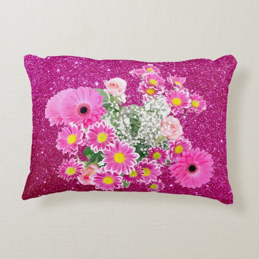 ピンクフローラ配置暗い赤紫色フェイクグリッター アクセントクッション (裏面)