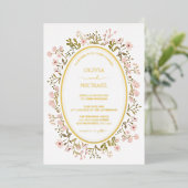 ピンクフローラ野草植物性結婚金ゴールド 箔招待状 (立ち正面)