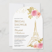 ピンクフローラ金ゴールドエッフェルタワーアーチブライダルシャワー 招待状 (正面)