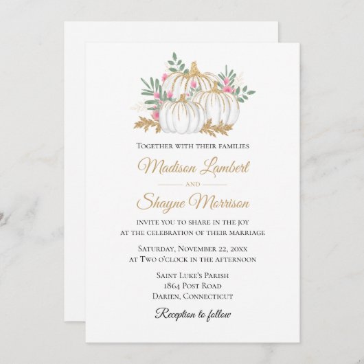 ピンクフローラ金ゴールドカボチャエレガント秋の結婚式 招待状 (正面/裏面)