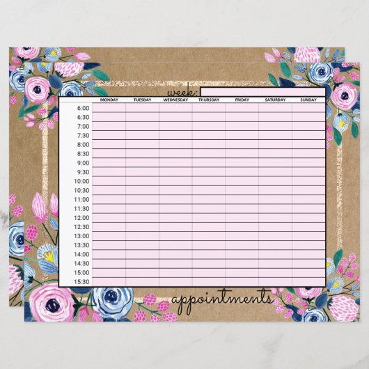 ピンクフローラ金ゴールドクラフト紙ビジネスアポイントメント (正面/裏面)