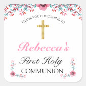 ピンクフローラ金ゴールドクロスファースト聖餐式 スクエアシール (正面)