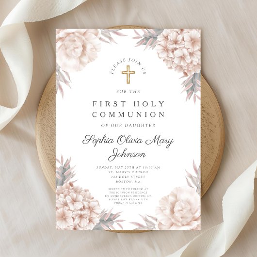 ピンクフローラ金ゴールドクロス宗教第1聖餐式 招待状